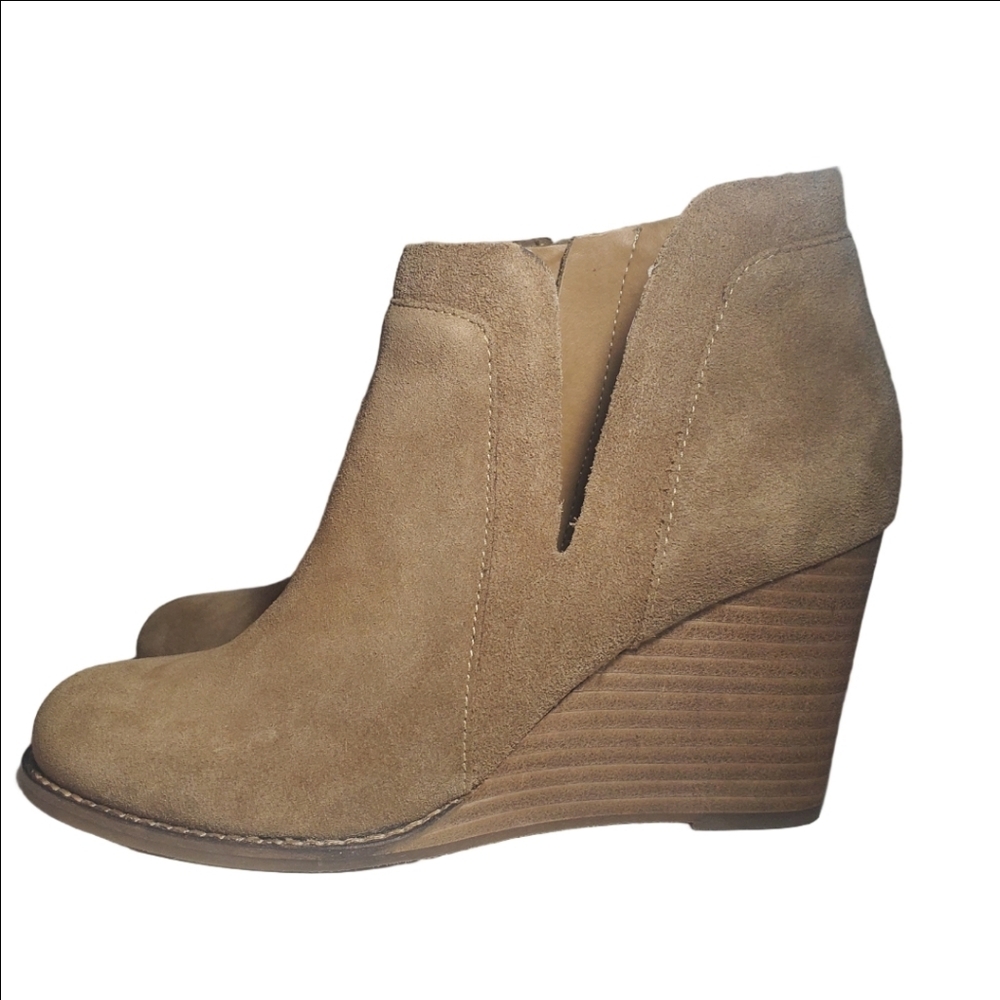 LUCKY BRAND Yabba Split Brown Suede Wedge Zip Ankle Bootie Woman's 8.5 EUC - Picture 6 of 8